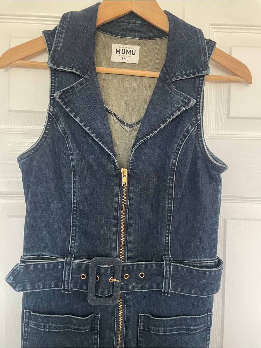 Show Me Your MuMu Dark Blue Denim Flare Jumpsuit with Belt - Picture 6 of 8